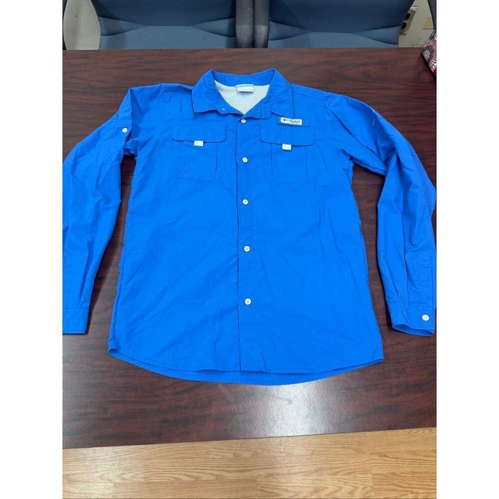 Columbia PFG Omni-Shade Boys Blue Button Up Long Sleeve Shirt Size X-Large